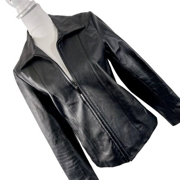 NEW YORK & CO.! BLACK GENUINE LEATHER STREAMLINED & SLEEK JACKET, COAT! SZ S - Picture 1 of 11